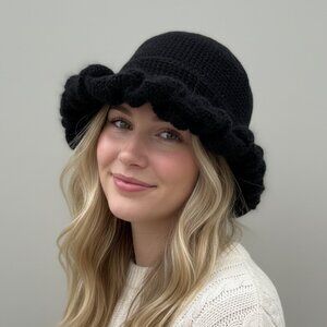 Crochet Ruffle Edge Hat Toque Black Sparkle